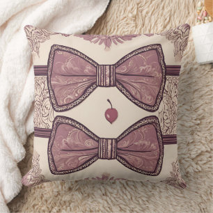 Vintage Mauve Coquette Bow and Cherry Lace Cushion