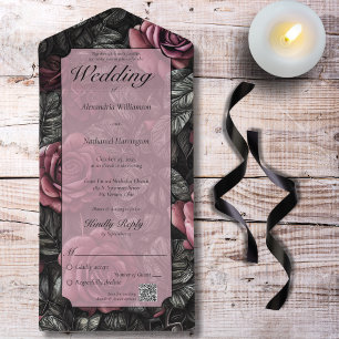 Vintage Mauve, Grey and Black Roses QR Code All In One Invitation
