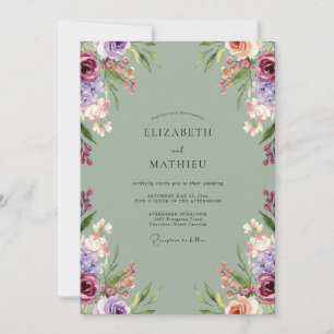 Vintage Mauve Olive Wildflower Wedding Invitation