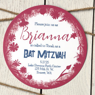 Vintage Mauve Pink, Navy Blue Bat Mitzvah Rustic Invitation