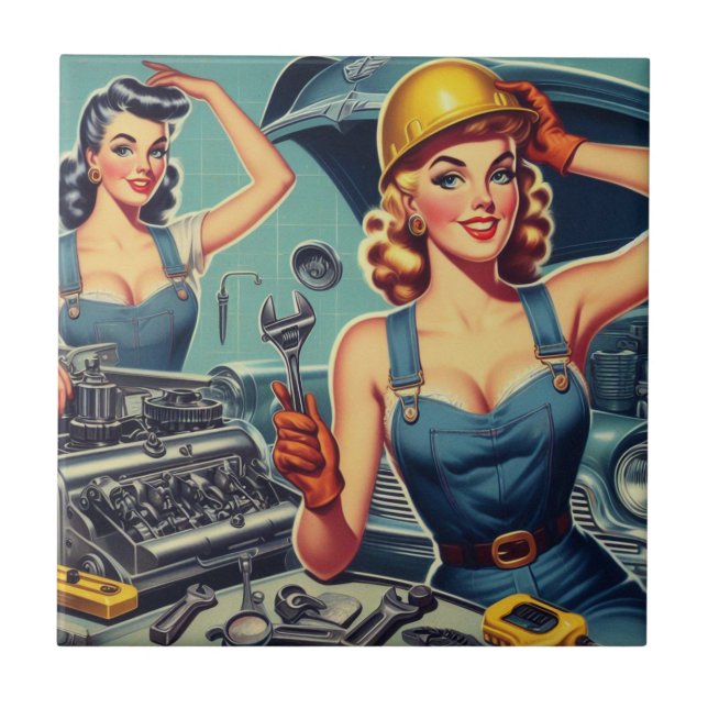 Vintage Mechanic Pin Up Ceramic Tile (Front)