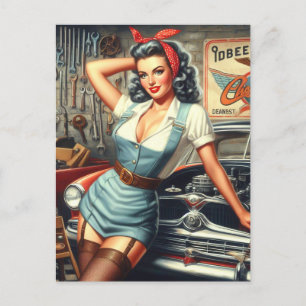 Vintage Mechanic Pin Up Postcard