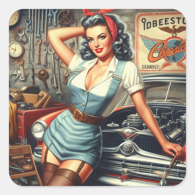 Vintage Mechanic Pin Up Square Sticker (Front)