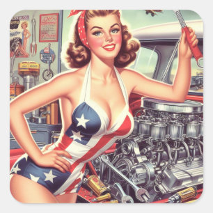 Vintage Mechanic Pin-up Square Sticker