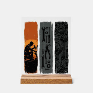 Vintage Mechanic Tools Gear Triptych Shirt Design_ Acrylic Sign