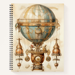 Vintage Mechanical Airship Blue Globe Sepia Notebook