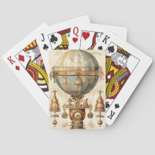 Vintage Mechanical Airship Blue Globe Sepia Playing Cards