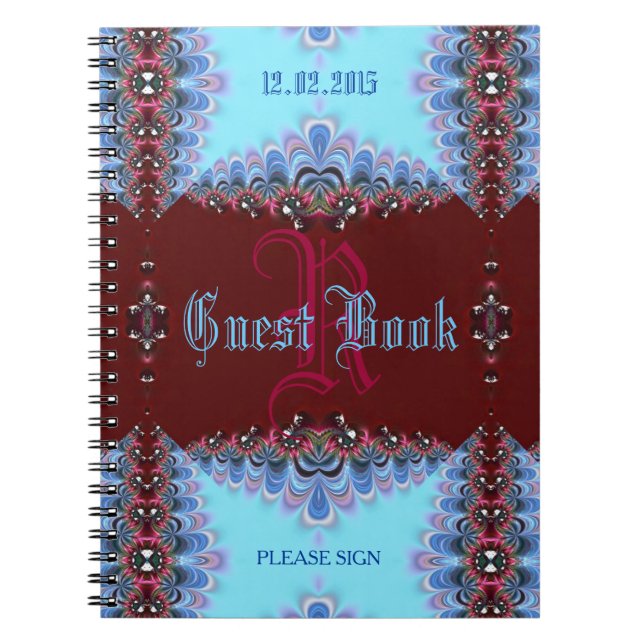 Vintage Mediaeval Blue Red Lacy Monogram Guest Notebook (Front)
