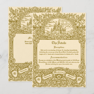 Vintage Mediaeval Fantasy Gold Engraved Wedding Enclosure Card
