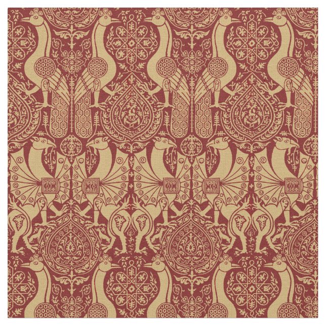 Vintage Mediaeval Griffin And Peacock Pattern Fabric (Close Up)