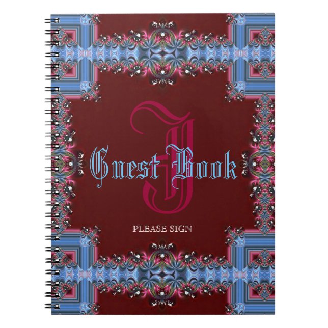 Vintage Mediaeval Red Blue Lacy Monogram Guest Boo Notebook (Front)