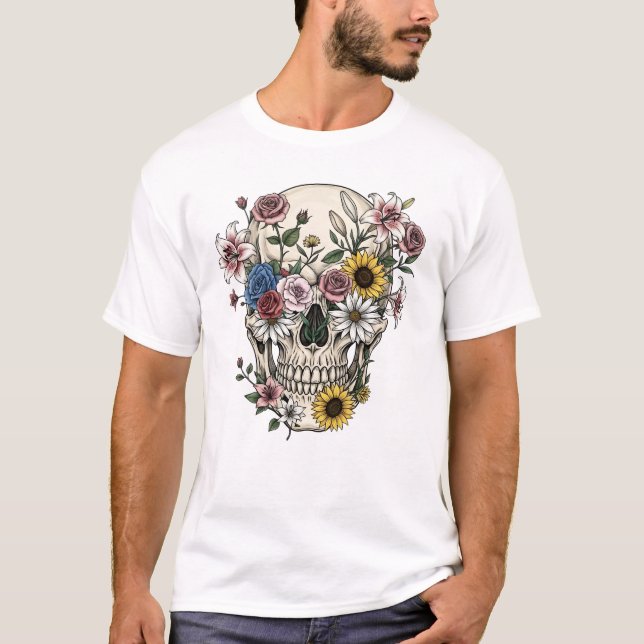 Vintage medical anatomy skull flower T-Shirt (Front)