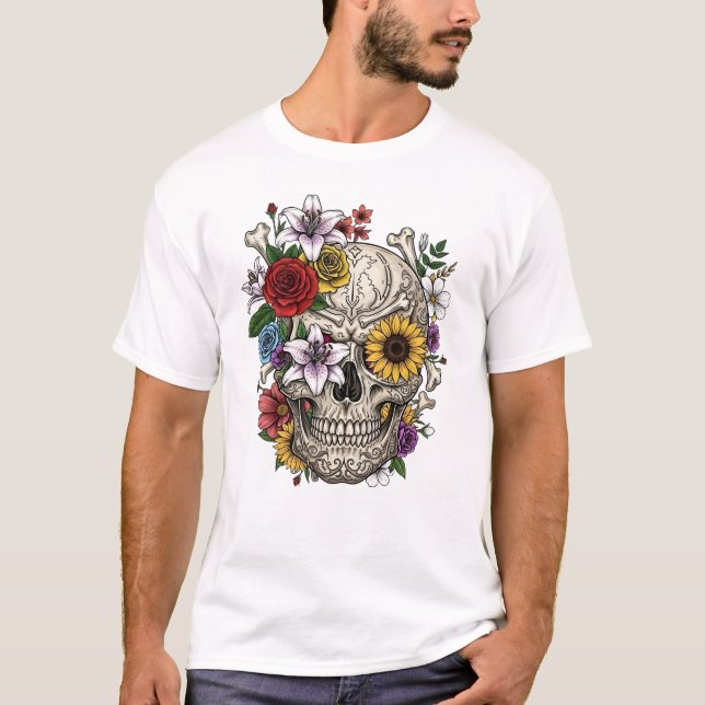 Vintage medical anatomy skull flower T-Shirt (Front)