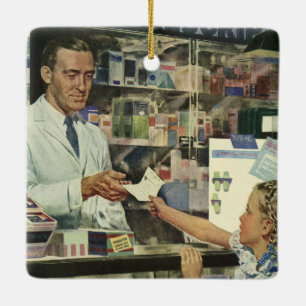 Vintage Medicine, Pharmacist and Girl at Pharmacy Ceramic Ornament
