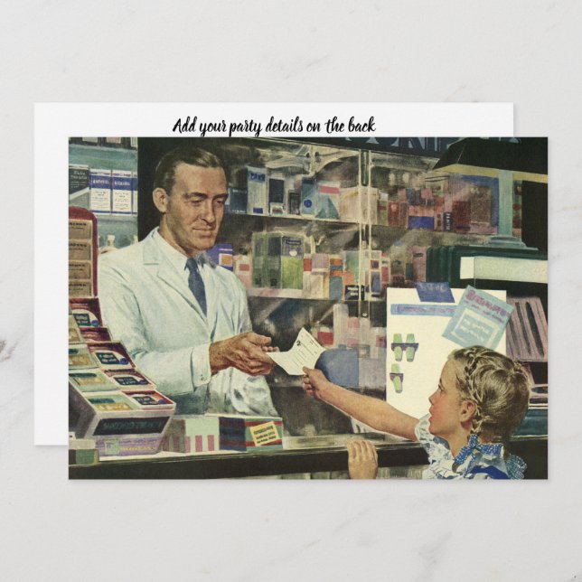 Vintage Medicine, Pharmacist and Girl at Pharmacy Invitation (Front/Back)