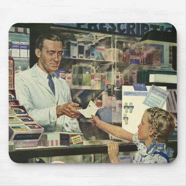 Vintage Medicine, Pharmacist and Girl at Pharmacy Mouse Pad (Front)