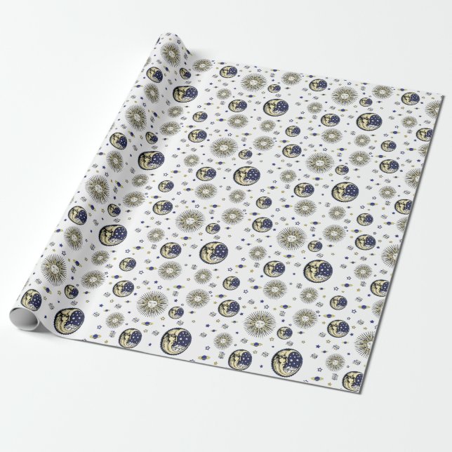 Vintage Medieval Moon, Sun and Stars Wrapping Paper (Unrolled)