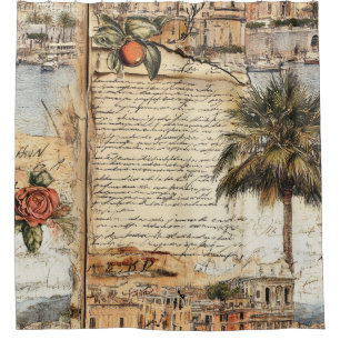 Vintage Mediterranean Artwork with Palm and Script Shower Curtain