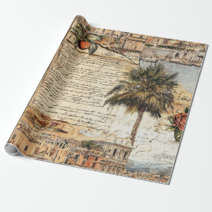 Vintage Mediterranean Artwork with Palm and Script Wrapping Paper