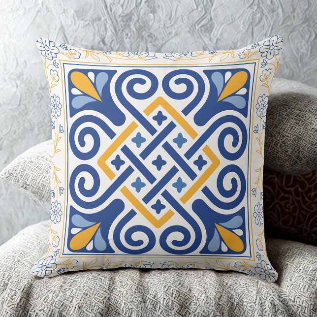 Vintage Mediterranean Blue & Gold Floral Tile  Cushion (Creator Uploaded)