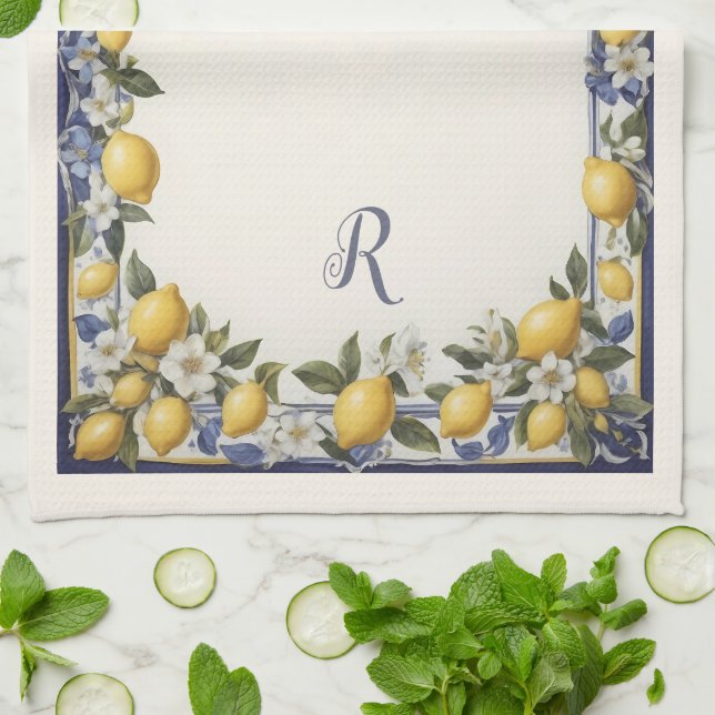 Vintage Mediterranean Blue & Yellow Lemon Pattern Tea Towel (Folded)