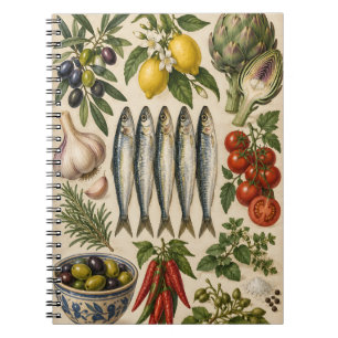 Vintage Mediterranean Food & Sardines Kitchen Post Notebook