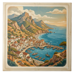 Vintage Mediterranean Harbour Coastal Village Ceramic Tile