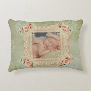 Vintage Memory Photo Smoky Green Antique Damask Decorative Cushion