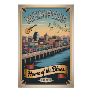 Vintage Memphis Tennessee Home of the Blues Retro Poster
