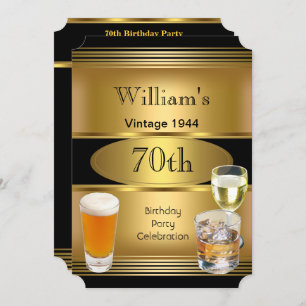 Vintage Mens 70th Birthday Party Gold Beer Invitation