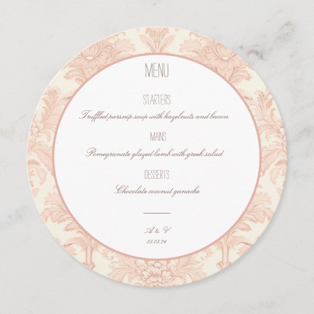 Vintage Menu Damask Wedding Menu Round (Front)