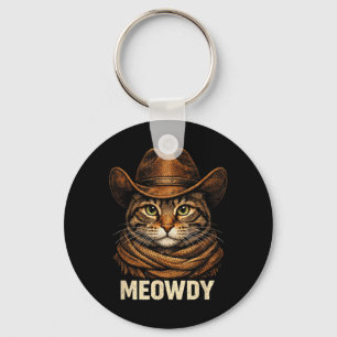 Vintage Meowdy Funny Cat Cowboy Country Western Key Ring