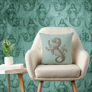 Vintage Mer-Lion Sea Legend on Vintage Green Cushion