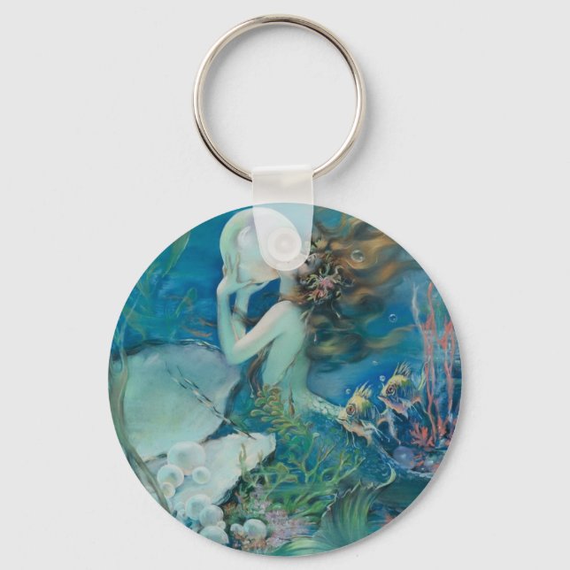 Vintage Mermaid Holding Pearl Key Ring (Front)