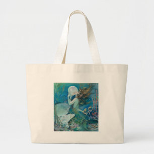 Vintage Mermaid Holding Pearl Large Tote Bag