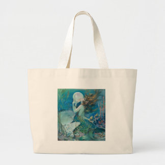 Vintage Mermaid Holding Pearl Large Tote Bag