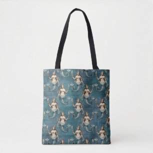 Vintage Mermaid Pattern Blue Tote Bag