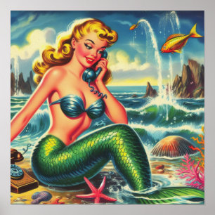 Vintage Mermaid Pin Up Poster