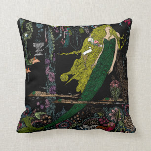 Vintage Mermaid Print Hand Coloured Cushion