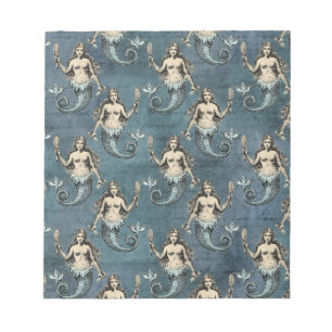 Vintage Mermaid Sea Creatures Ocean Blue Notepad