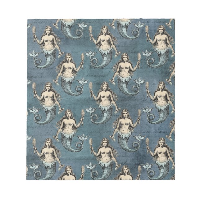 Vintage Mermaid Sea Creatures Ocean Blue Notepad (Front)