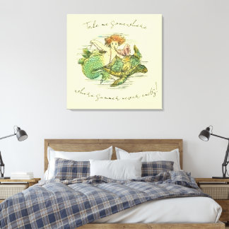 Vintage Mermaid Swimming with Sea Turtle and Quote Canvas Print