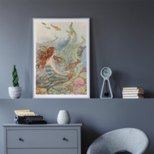 Vintage Mermaid Under The Sea Art Nouveau Poster