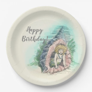Vintage Mermaid Under the Sea Happy Birthday Party Paper Plate