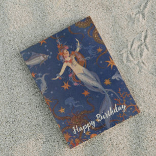 Vintage Mermaid Undersea Blue Whimsical Birthday Postcard