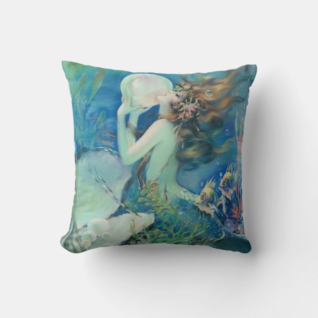 Vintage Mermaid w Pearl Nautical Ocean Nautical Cushion (Front)
