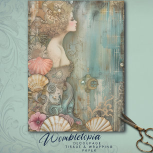  Vintage Mermaid with Sea Shells, Turquoise Gold Tissue Paper