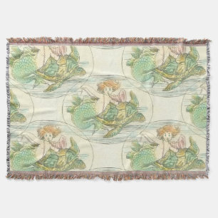 Vintage Mermaid with Sea Turtle Nautical Pattern Throw Blanket