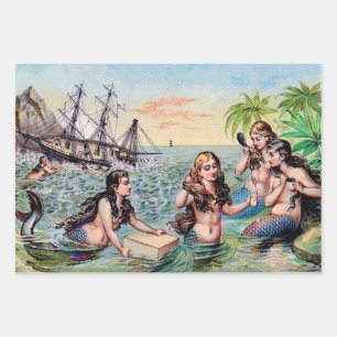 Vintage mermaids in the ocean wrapping paper sheet