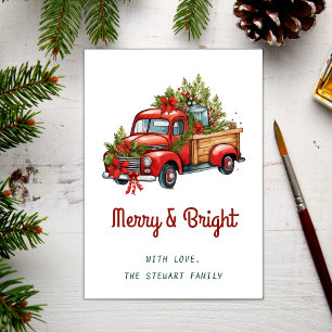 Vintage Merry and Bright Christmas Red Truck Holiday Card